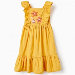 COTTON AND LINEN DRESS WITH EMBROIDERY AND BEADS FOR GIRL, YELLOW