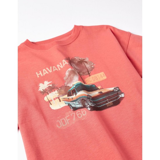 COTTON T-SHIRT WITH PRINT FOR BOYS 'CUBA', DARK CORAL