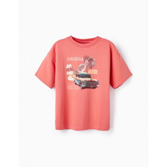 COTTON T-SHIRT WITH PRINT FOR BOYS 'CUBA', DARK CORAL