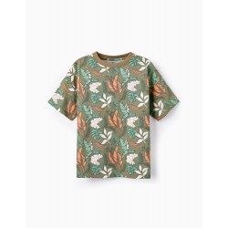 PRINTED COTTON T-SHIRT FOR BOYS 'LEAVES', GREEN