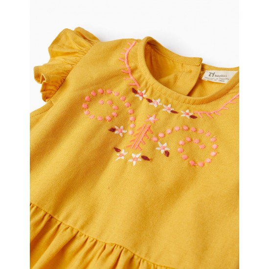 COTTON AND LINEN JUMPSUIT WITH EMBROIDERY FOR BABY GIRL, YELLOW