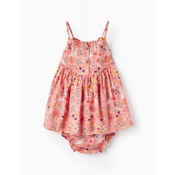 STRAPPY + DIAPER DRESS IN COTTON FOR BABY GIRL 'FLORAL', PINK