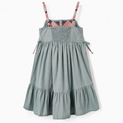 COTTON AND LINEN DRESS WITH EMBROIDERY AND BEADS FOR GIRL, GREEN