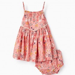 STRAPPY + DIAPER DRESS IN COTTON FOR BABY GIRL 'FLORAL', PINK