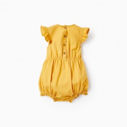 COTTON AND LINEN JUMPSUIT WITH EMBROIDERY FOR BABY GIRL, YELLOW