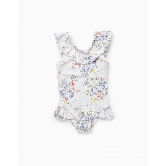 UPF 80 BABY GIRL 'YOU&ME' SWIMSUIT WITH FLOWERS, WHITE