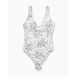 UPF 80 SWIMSUIT WITH FLOWERS FOR ADULT 'YOU&ME', WHITE