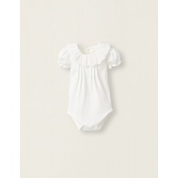 BODYSUIT WITH ENGLISH EMBROIDERY IN COTTON FOR NEWBORN, WHITE