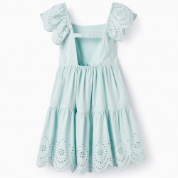 COTTON DRESS WITH ENGLISH EMBROIDERY FOR GIRLS, AQUA GREEN