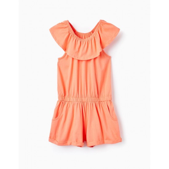 SHORT COTTON JUMPSUIT FOR GIRL, CORAL