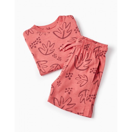 T-SHIRT + COTTON SHORTS FOR BOYS 'LEAVES', DARK CORAL
