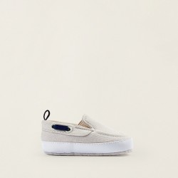 FABRIC AND FUR BOAT SHOES FOR NEWBORN, LIGHT GREY