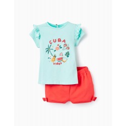 T-SHIRT + SHORTS FOR BABY GIRLS 'CUBA', RED/AQUA GREEN