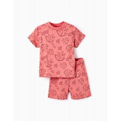 T-SHIRT + COTTON SHORTS FOR BOYS 'LEAVES', DARK CORAL