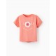 SHORT SLEEVE T-SHIRT WITH EMBROIDERED FLOWER FOR GIRL 'LOVE', CORAL
