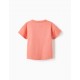 SHORT SLEEVE T-SHIRT WITH EMBROIDERED FLOWER FOR GIRL 'LOVE', CORAL