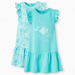 PACK 2 COTTON DRESSES FOR BABY GIRLS 'SEA FRIENDS', TURQUOISE