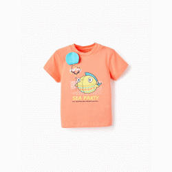 COTTON T-SHIRT WITH PRINT FOR BABY BOY 'BALLOON FISH', CORAL