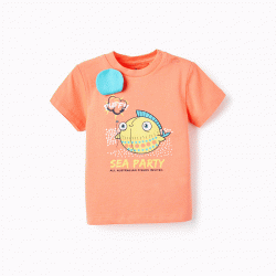 COTTON T-SHIRT WITH PRINT FOR BABY BOY 'BALLOON FISH', CORAL