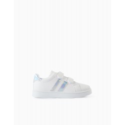 GIRL'S STRIPED SNEAKERS, WHITE/IRIDESCENT