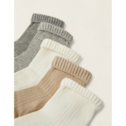 PACK OF 5 PAIRS OF RIBBED SOCKS WITH FOLD FOR BABIES, WHITE/GREY/BROWN