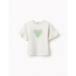 T-SHIRT WITH RUFFLE SLEEVES FOR GIRLS, WHITE/GREEN