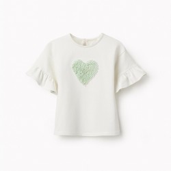 T-SHIRT WITH RUFFLE SLEEVES FOR GIRLS, WHITE/GREEN