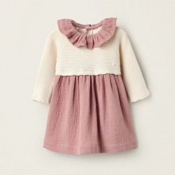 COMBINATION DRESS WITH EMBROIDERY FOR NEWBORN, PINK/BEIGE