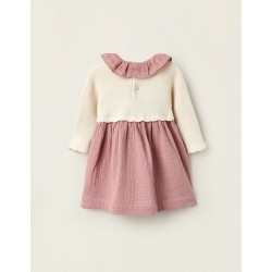 COMBINATION DRESS WITH EMBROIDERY FOR NEWBORN, PINK/BEIGE