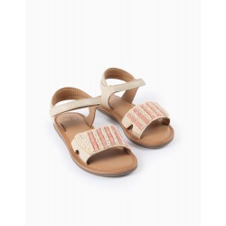 LEATHER AND BEADED SANDALS FOR GIRLS, BEIGE/CORAL