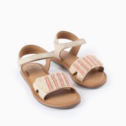 LEATHER AND BEADED SANDALS FOR GIRLS, BEIGE/CORAL