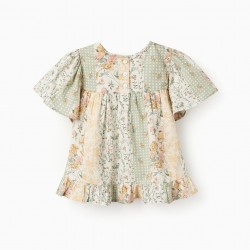 FLORAL COTTON TUNIC FOR GIRLS, GREEN/BEIGE/PINK