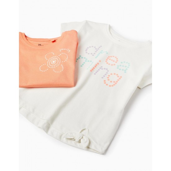 2 COTTON T-SHIRTS FOR GIRLS 'DREAMING', WHITE/CORAL