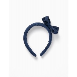 FABRIC HEADBAND WITH BOW AND EMBROIDERED PATTERN FOR GIRL, DARK BLUE