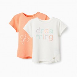 2 COTTON T-SHIRTS FOR GIRLS 'DREAMING', WHITE/CORAL