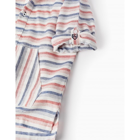 STRIPED HOODED SHIRT FOR BOYS, WHITE/BLUE/RED