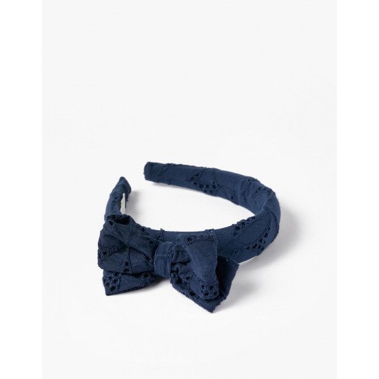 FABRIC HEADBAND WITH BOW AND EMBROIDERED PATTERN FOR GIRL, DARK BLUE
