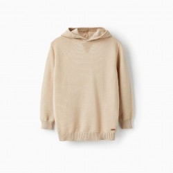 BOYS' COTTON KNITTED HOODIE, BEIGE