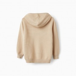 BOYS' COTTON KNITTED HOODIE, BEIGE