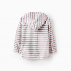 STRIPED HOODED SHIRT FOR BOYS, WHITE/BLUE/RED