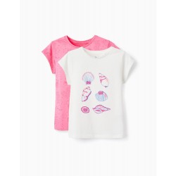2 COTTON T-SHIRTS FOR GIRLS 'CONCHAS & BÚZIOS', WHITE/PINK