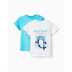 2 BABY BOY COTTON T-SHIRTS 'SEA ANIMALS', WHITE/BLUE