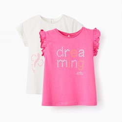 2 BABY GIRL 'DREAMING' COTTON T-SHIRTS, WHITE/PINK
