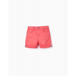 GIRLS' COTTON TWILL SHORTS, CORAL