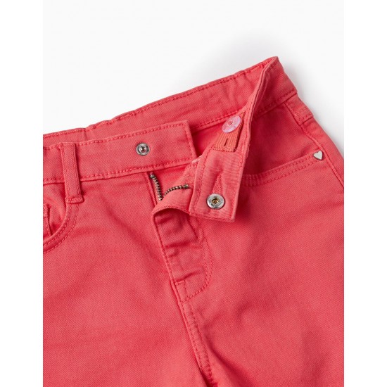 GIRLS' COTTON TWILL SHORTS, CORAL