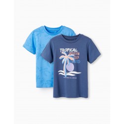 2 COTTON T-SHIRTS FOR BOYS 'TROPICAL', BLUE