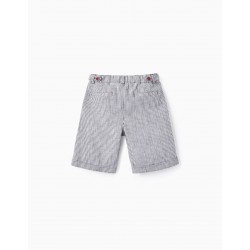 STRIPED SHORTS WITH LINEN FOR BOYS, WHITE/DARK BLUE