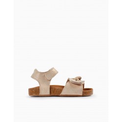 LEATHER SANDALS WITH GLITTER AND BOW FOR BABY GIRL, LIGHT BEIGE