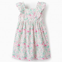 COTTON FLORAL DRESS FOR GIRLS, WHITE/PINK