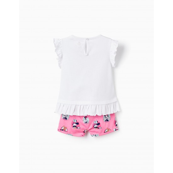 RUFFLED T-SHIRT + SHORTS FOR BABY GIRL 'MINNIE MOUSE', WHITE/PINK